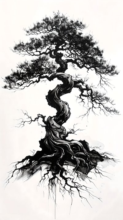 Ancient black and white ink wash bonsai tree illustration