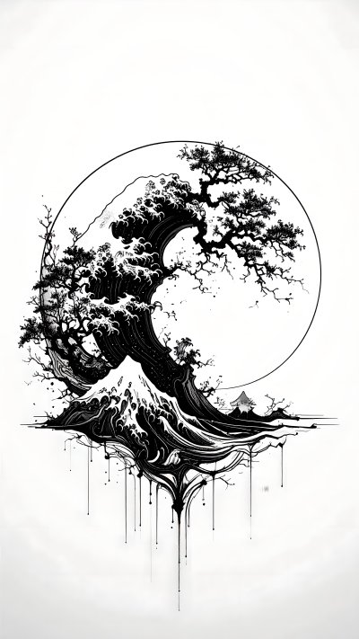 Japanese ink style wave tree illustration with mountain in circle.