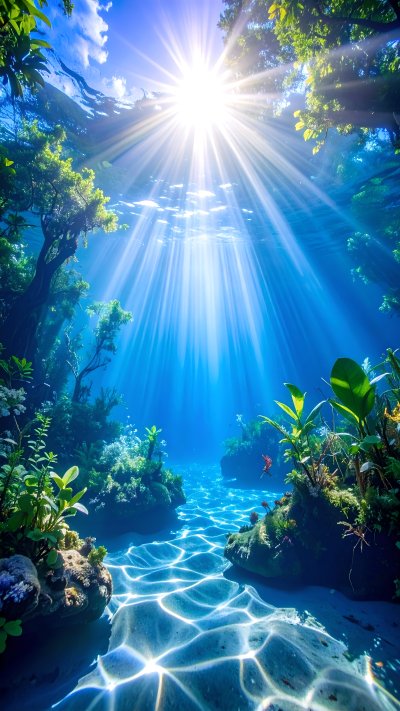 Sunlight streams thru clear blue water onto lush green underwater p...