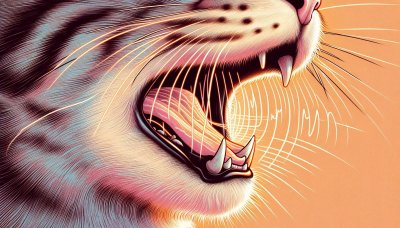 Roaring tiger mouth illustration with fangs, tongue, and whiskers