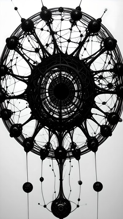 Intricate black abstract network structure with dangling elements