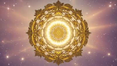 Sacred Golden Mandala in Cosmic Nebula Sky