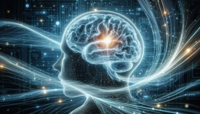 Luminous wireframe head and brain, AI neural network concept artwork.