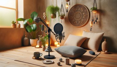 Cozy podcast setup with microphones, cushions, and indoor plants