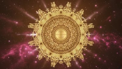 Sacred Golden Sun Disk and Cosmic Nebula Inspiring Wonder