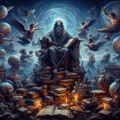 Celestial figure with book, angels and globes, representing knowledge 