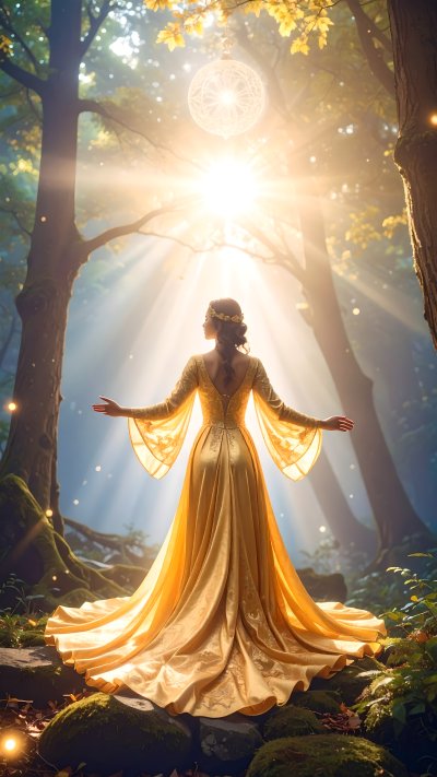 Woman in golden dress in sunlit magical forest with glowing orb