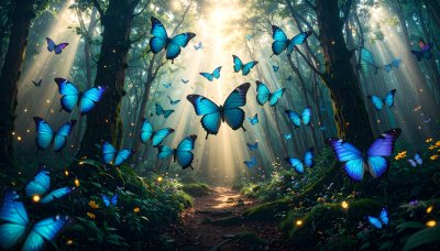 Enchanting forest with glowing blue butterflies and sunbeams