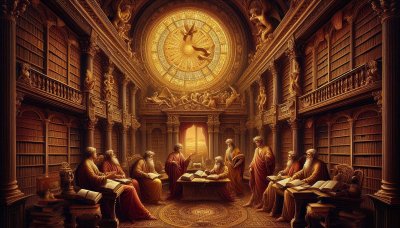 Philosophers gather in library under radiant dome, discussing ancient 