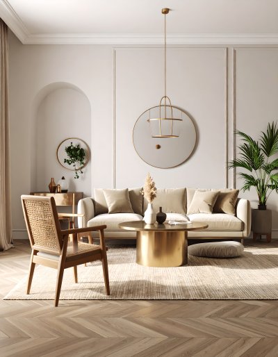 Luxurious living room with neutral sofa and gold accents