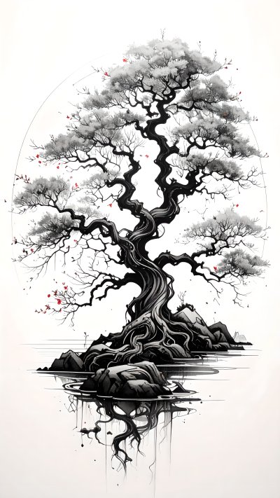 Sumi-e ancient bonsai tree on rocks w/ water reflection & red leaves