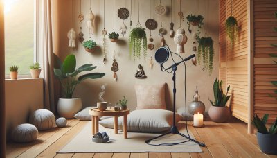 Cozy podcast/meditation room with microphone, plants, spiritual decor