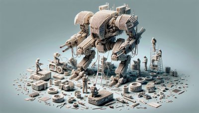 Mechanical Combat Vehicle Construction with Miniature Workers Illustra