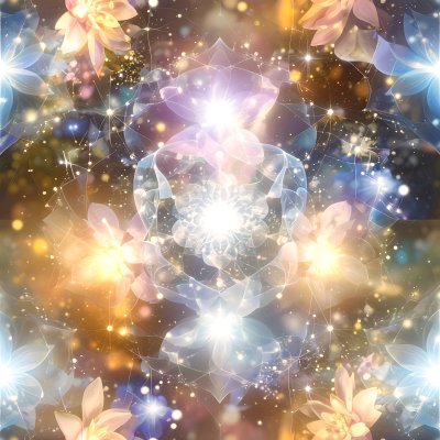 Abstract luminous flowers & crystals w/ sparkling light & network