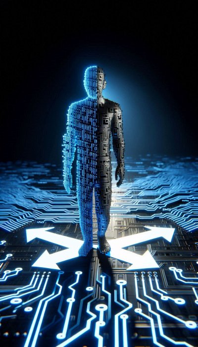 Human figure split into code, circuit board, choice, and technology
