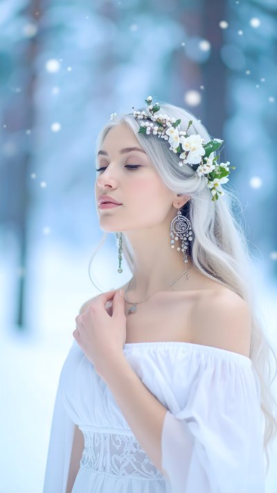 Ethereal woman with floral crown in snowy winter forest