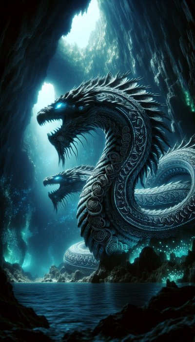 Ornate blue dragons guard a glowing subterranean cave