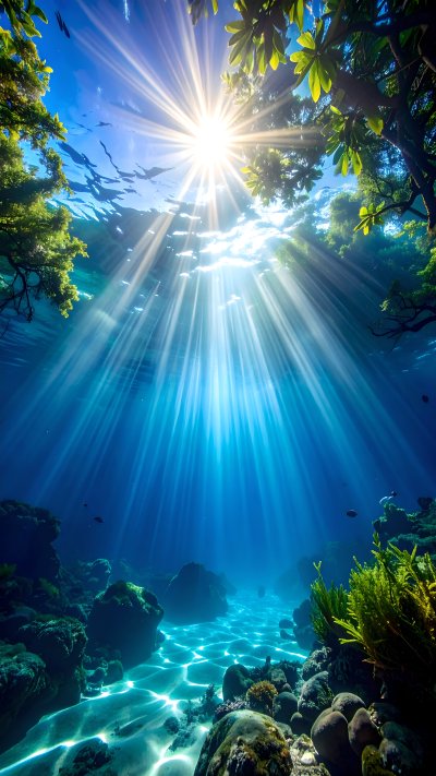 Underwater sun rays in clear blue water with rocks and trees