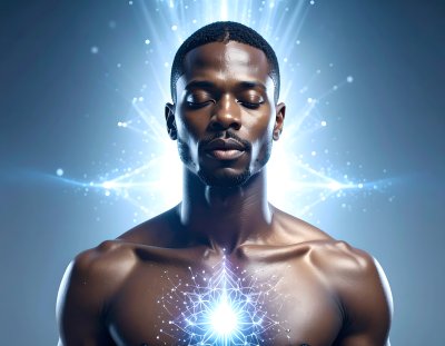 Man meditating with inner blue cosmic radiance and spiritual awakening