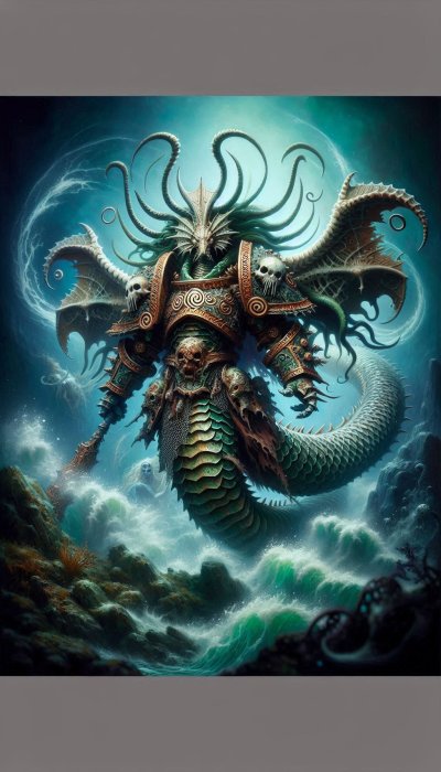 Serpentine-humanoid creature emerging from water, fantasy illustration