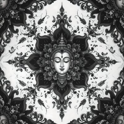 Buddha face with ornate black and white symmetrical patterns