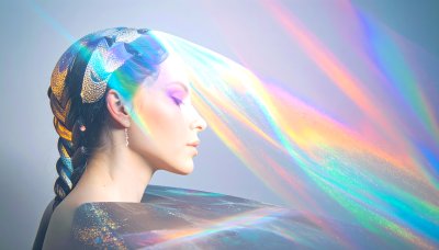 Woman's profile bathed in dreamlike, colorful light, evoking wonder.