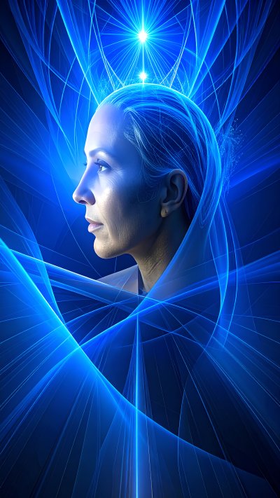 Woman's profile in mystic blue cosmic energy