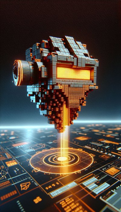 Technological cube with lens and data beam on circuit board