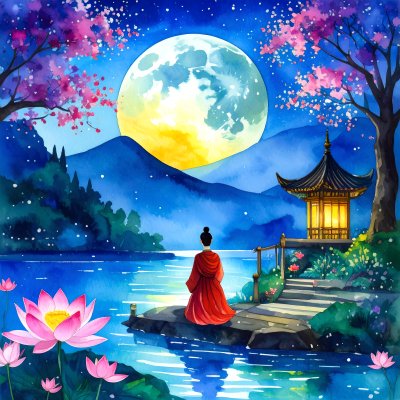 Moonlit night by serene lake with woman in red and glowing pagoda