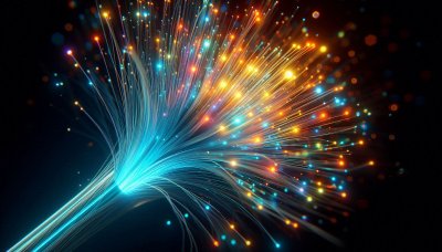 Fiber optic cables emitting colorful light against black background