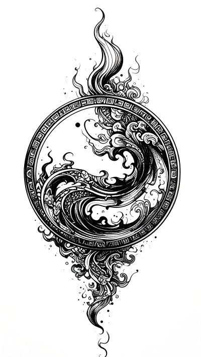 Dynamic black and white waves and flames in decorative circle