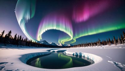 Mystical Aurora Borealis over snowy mountains and frozen lake