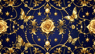 Luxurious gold baroque pattern with butterflies and roses on blue