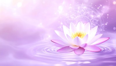 Pink lotus flower with mandala and water ripples, symbol of serenity