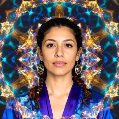 Mystical woman, vibrant, kaleidoscopic, striking earrings