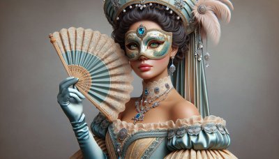 Venetian mask and dress with hand fan in vintage setting