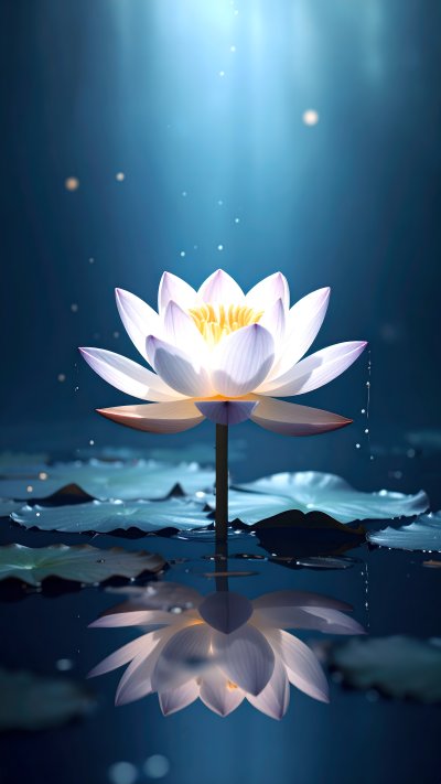 Luminous white lotus with reflection, droplets, light beams, bokeh