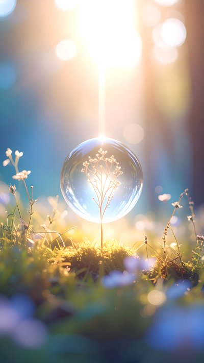Glass sphere with glowing plant in sunlight on mossy ground