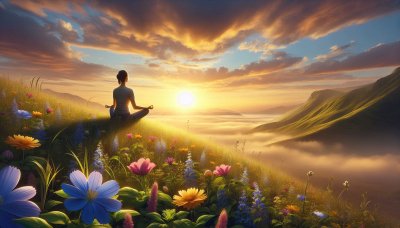 Meditation at Sunrise: Woman in Lotus Pose on Hillside with Flowers an
