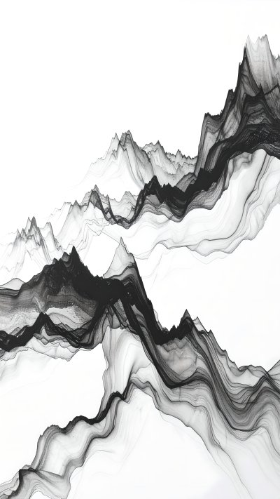 Abstract black and white layered mountain ink illustration