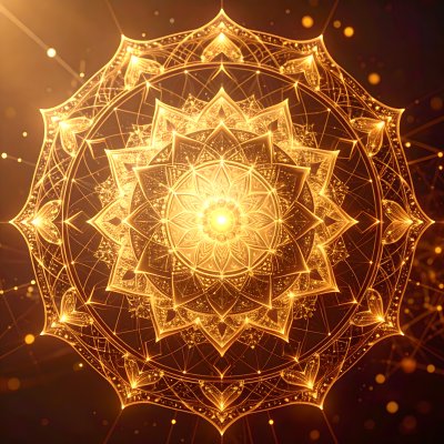 Golden mandala, intricate patterns, ethereal light