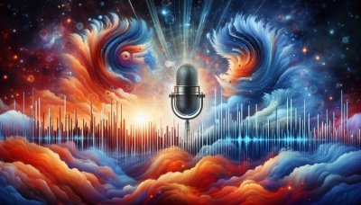 Vintage microphone, cosmic orange & blue nebulas, audio waveform.