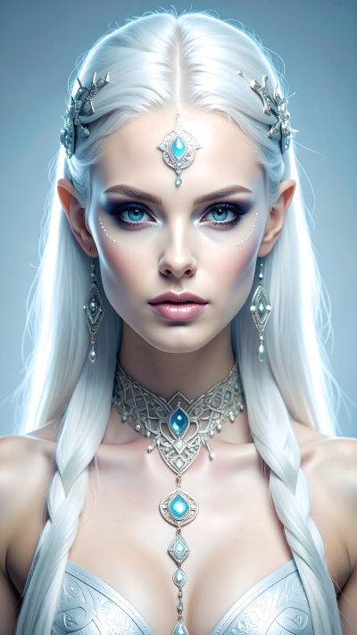Ethereal fantasy woman with white hair and intricate silver jewelry