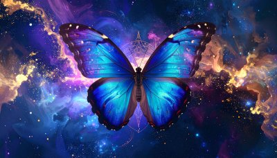 Enchanted blue butterfly on nebula background