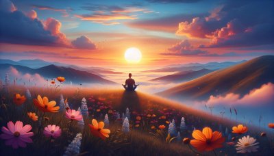 Meditation on a flowery hilltop at sunset with misty mountains