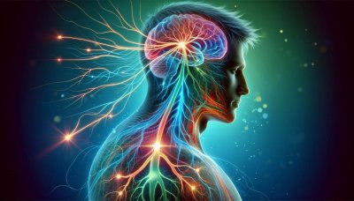 Human nervous system visualized with glowing nerves and brain