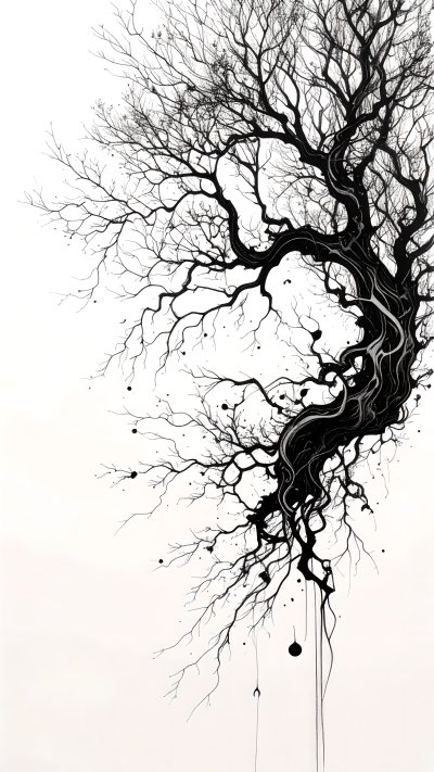 Abstract black ink twisted tree with dripping branches on white