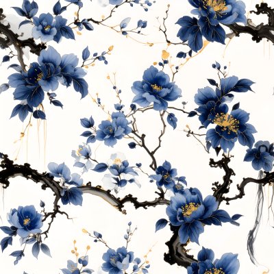 Seamless watercolor pattern of blue flowers, black branches, gold a...