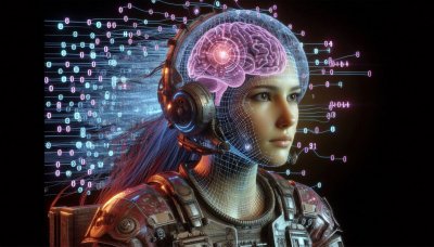 Futuristic woman with digital brain and mechanical headset