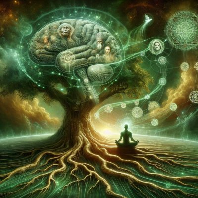 Meditating figure connected to tree-brain, symbolizing enlightenment